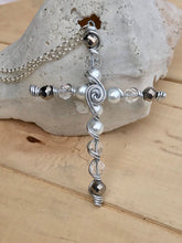 Load image into Gallery viewer, Large White Pearl Beaded Cross Necklace/Christian Gift/Small Cross Necklace/ Beaded Cross Necklace/ Silver Cross Necklace/Religious Gift