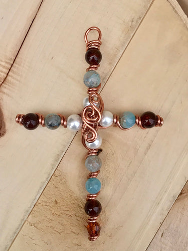 White Pearl and Natural Stone Beaded Display Cross with Copper Stand