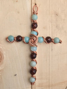 Natural Amazonite and Brown Glass Bead Display Cross with Copper Stand