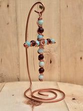 Load image into Gallery viewer, Natural Amazonite and Brown Glass Bead Display Cross with Copper Stand
