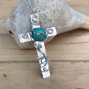 Silver Cross Necklace/ Christian Gift/Unique Cross Necklace/ Beaded Cross Necklace/ Religious Gift/ Large Cross Necklace