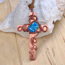 Load image into Gallery viewer, Unique Cross Necklace/ Christian Gift/ Copper Cross Necklace/ Beaded Cross Necklace/ Religious Gift/ Large Cross Necklace