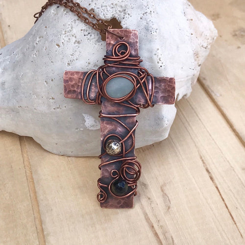 Cross Necklace/Christian Gift/Easter Gift/ Copper Cross Necklace/ Beaded Cross Necklace/ Religious Gift/ Large Cross Necklace