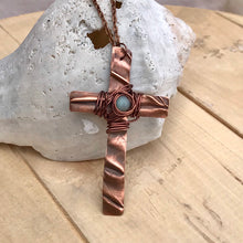 Load image into Gallery viewer, Unique Cross Necklace/Christian Gift/Large Copper Cross Necklace/Wire Cross Necklace/ Amazonite Bead Cross Necklace/ Religious Gift