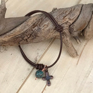 Adjustable Leather Cross Bracelet with Natural Stone Bead