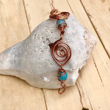 Load image into Gallery viewer, Unique Copper Wire Swirl Bracelet with Aqua Colored Agate Stone Beads