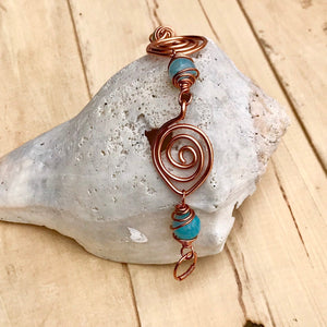 Unique Copper Wire Swirl Bracelet with Aqua Colored Agate Stone Beads