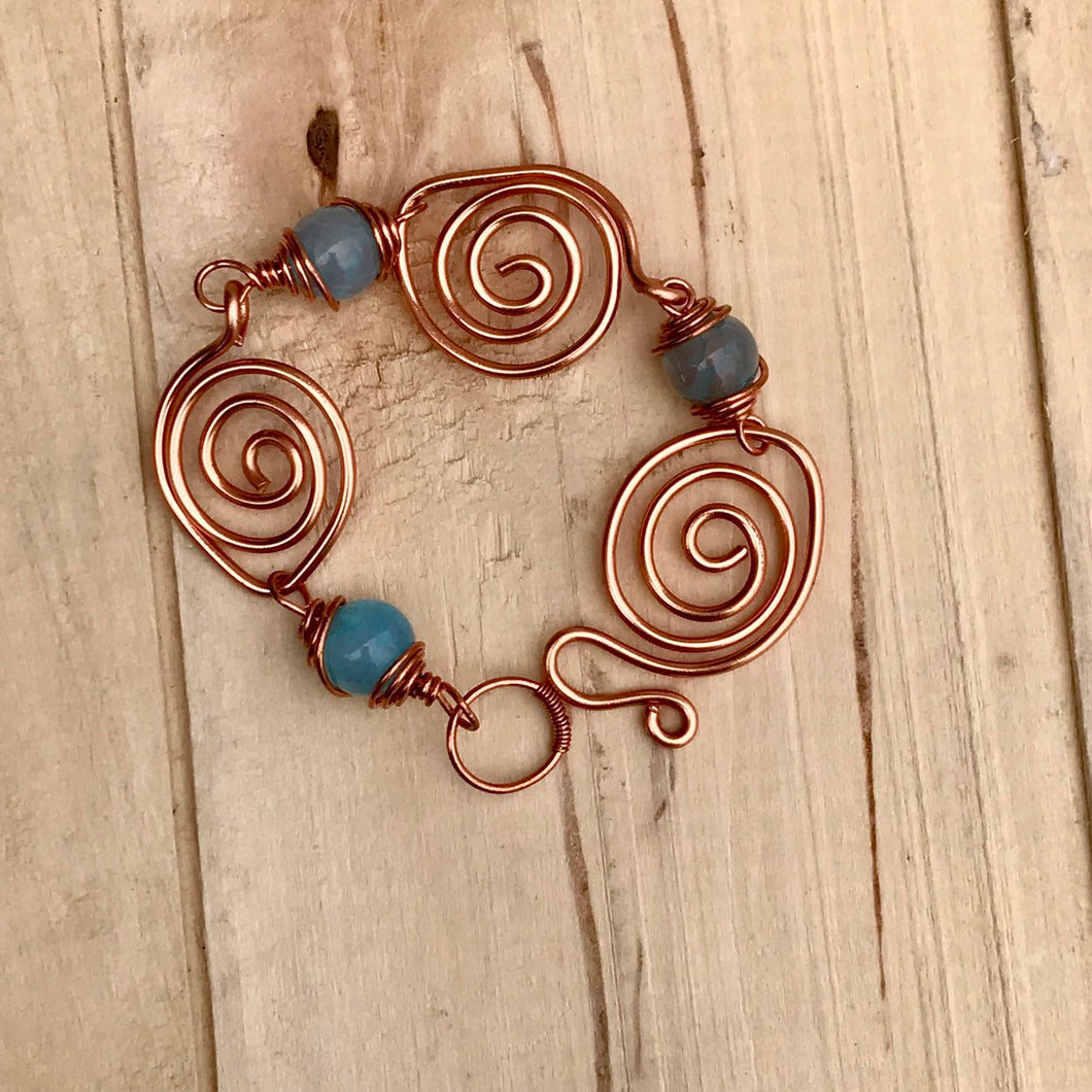 Unique Copper Wire Swirl Bracelet with Aqua Colored Agate Stone Beads