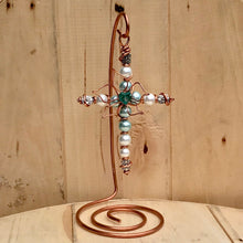 Load image into Gallery viewer, Centered Copper Flower Teal and White Beaded Display Cross with Copper Hanger