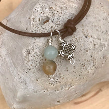 Load image into Gallery viewer, Silver Cross Adjustable Leather Bracelet with Dangling Amazonite Beads