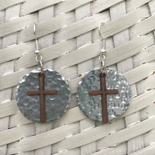 Load image into Gallery viewer, Copper Cross Earrings with Hammered Aluminum Circle