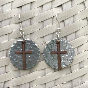 Copper Cross Earrings with Hammered Aluminum Circle