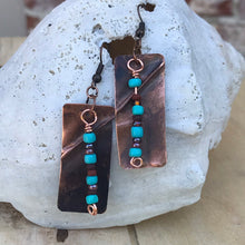 Load image into Gallery viewer, Folded Copper Cross and Turquoise Colored Bead Earrings