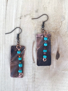 Folded Copper Cross and Turquoise Colored Bead Earrings