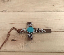 Load image into Gallery viewer, Decorative Cross Necklace/Christian Gift/Large Copper Cross Necklace/Wire Cross Necklace/ Turquoise Bead Cross Necklace/ Religious Gift