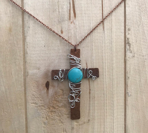 Decorative Cross Necklace/Christian Gift/Large Copper Cross Necklace/Wire Cross Necklace/ Turquoise Bead Cross Necklace/ Religious Gift