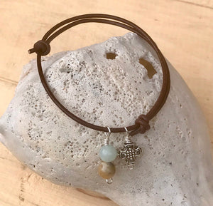 Silver Cross Adjustable Leather Bracelet with Dangling Amazonite Beads