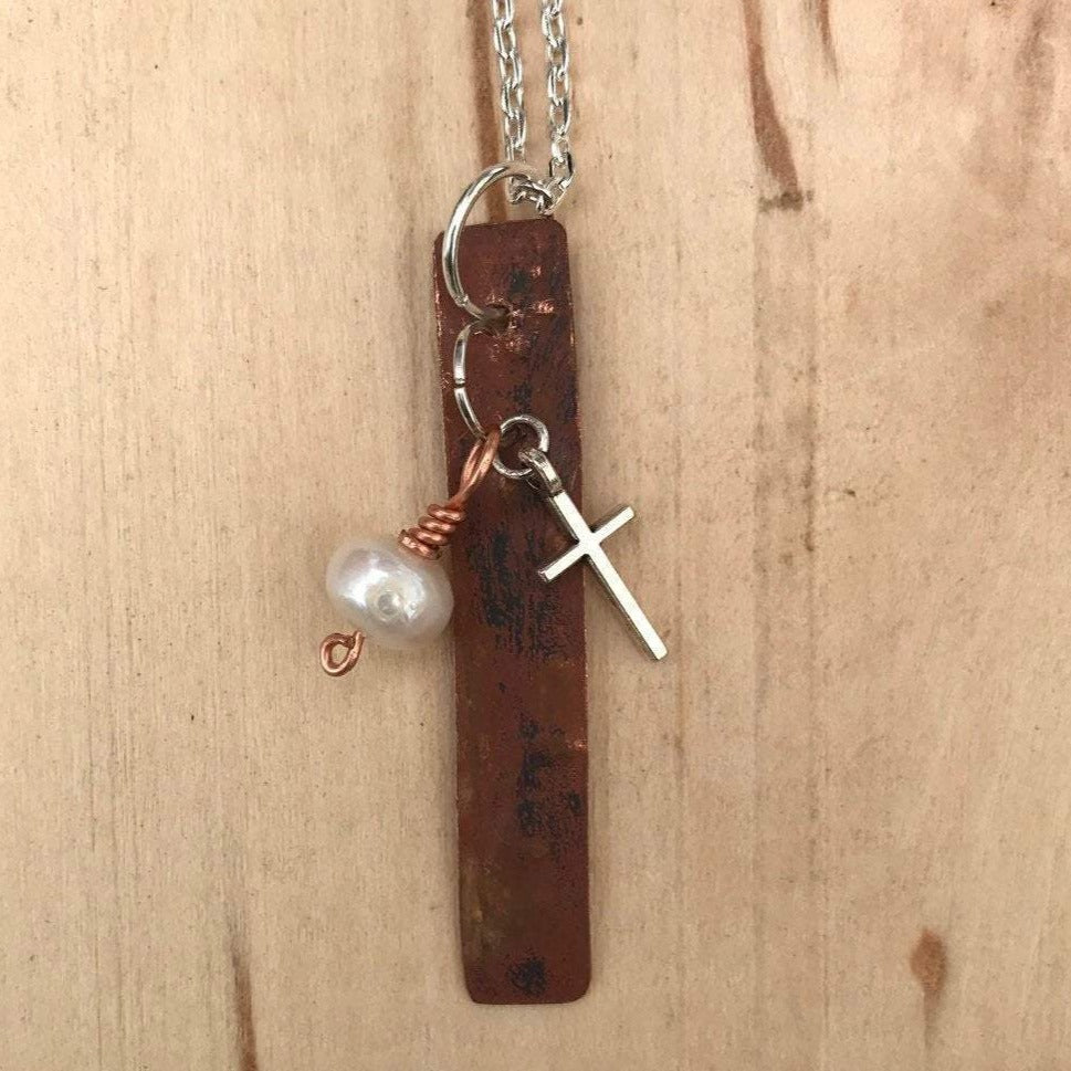 Copper Necklace/White Pearl Bead Necklace/Christian Gift/Graduation Gift/ Silver Cross Necklace/ Beaded Necklace/ Religious Gift