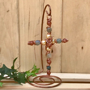 Natural Stone and Pearlized Beaded Display Cross with Copper Hanger