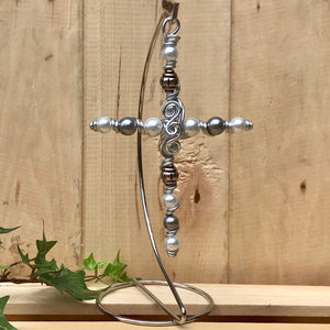 Grey and White Pearlized Beaded Display Cross with Metal Accent Beads and a Silver Stand