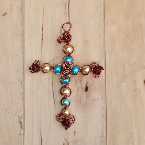 Egyptian Wrapped Teal and Caramel Pearlized Beaded Display Cross with Copper Hanger