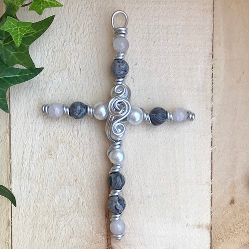 White Pearlized Beads and Natural Jasper Stone Beaded Display Cross with Silver Stand