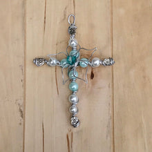 Load image into Gallery viewer, Beaded Cross/Turquoise Cross/Decorative Cross/Friendship Gift/Cross/Symapthy Gift/Silver Wire Cross/Desk Top Cross/Religious Gift/Christian