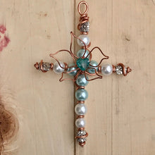 Load image into Gallery viewer, Copper Wire, Teal and White Beaded Display Cross with Centered Copper Flower and Hand Sculpted Copper Stand