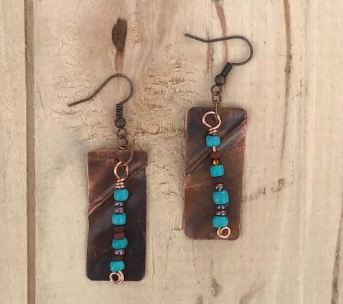 Folded Copper Cross and Turquoise Colored Bead Earrings