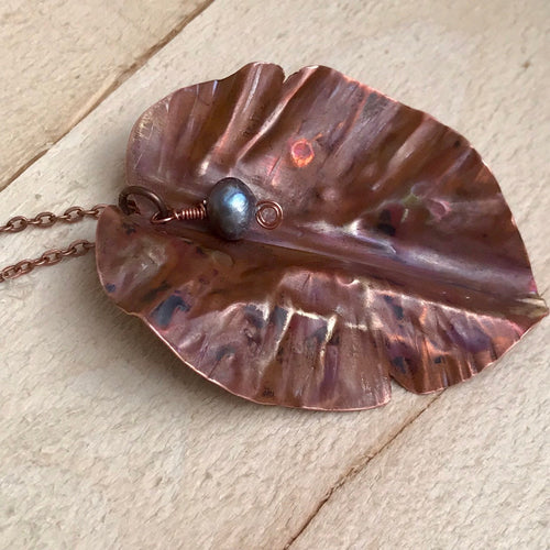 Decorative Leaf Necklace/Leaf Pendant/Unique Leaf Necklace/Large Copper Leaf Necklace/ Copper Necklace/ Pearl Bead Necklace/ Religious Gift