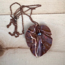 Load image into Gallery viewer, Decorative Leaf Necklace/Leaf Pendant/Unique Leaf Necklace/Large Copper Leaf Necklace/ Copper Necklace/ Pearl Bead Necklace/ Religious Gift