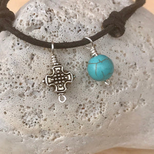 Silver Cross Adjustable Leather Bracelet with Dangling Turquoise Bead
