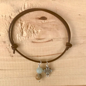 Silver Cross Adjustable Leather Bracelet with Dangling Amazonite Beads