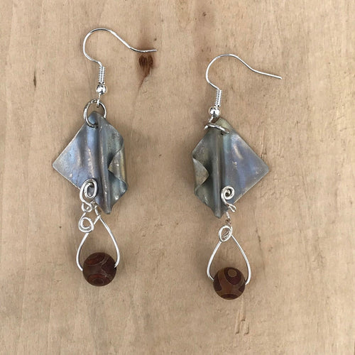 Silver Dangle Earring with an antiqued Tibetan Dzi Bead