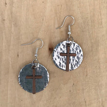 Load image into Gallery viewer, Copper Cross Earrings with Hammered Aluminum Circle