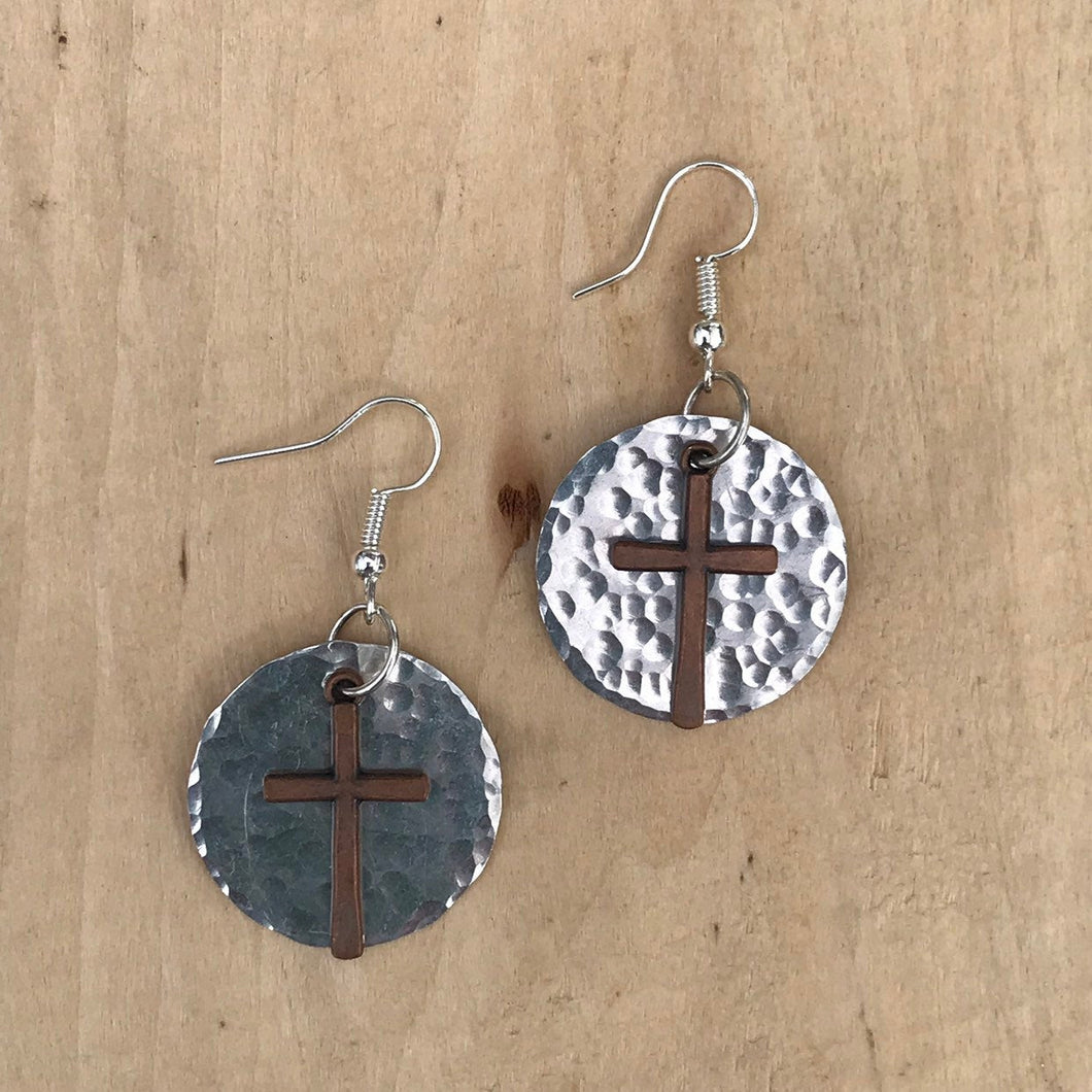 Copper Cross Earrings with Hammered Aluminum Circle