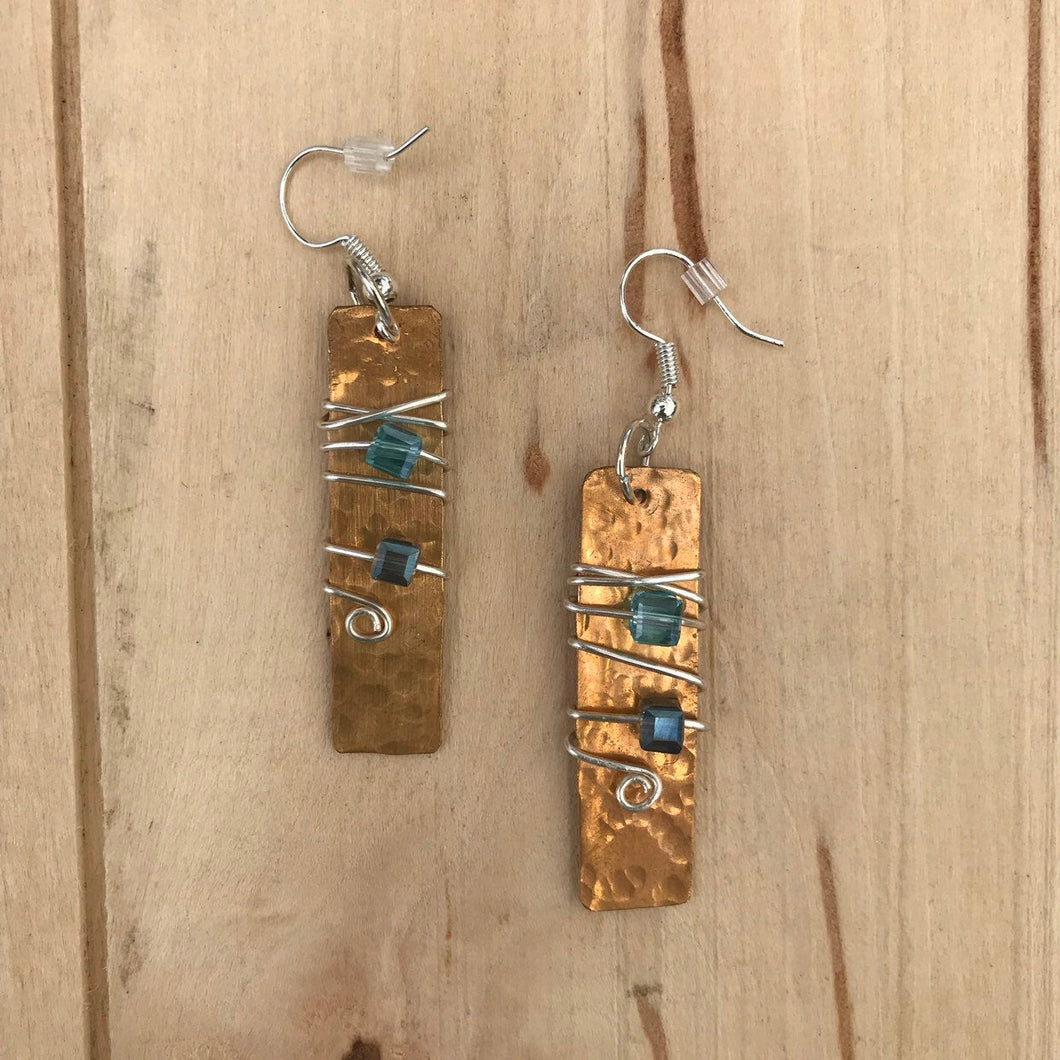 Gold Brass Earrings with Silver Wire Wrapped Around Square Beads