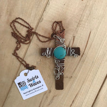 Load image into Gallery viewer, Decorative Cross Necklace/Christian Gift/Large Copper Cross Necklace/Wire Cross Necklace/ Turquoise Bead Cross Necklace/ Religious Gift