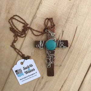 Decorative Cross Necklace/Christian Gift/Large Copper Cross Necklace/Wire Cross Necklace/ Turquoise Bead Cross Necklace/ Religious Gift