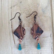 Load image into Gallery viewer, Folded Copper Earrings with Turquoise Tear Drop Beads