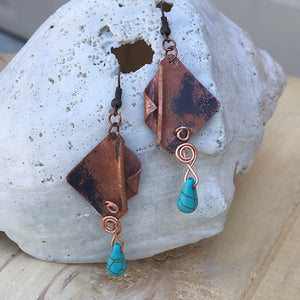 Folded Copper Earrings with Turquoise Tear Drop Beads