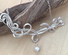 Load image into Gallery viewer, Swirled Silver Wire Necklace/Beaded Necklace/Silver Necklace/White Natural Pearl Bead Necklace/Drop Pearl Necklace