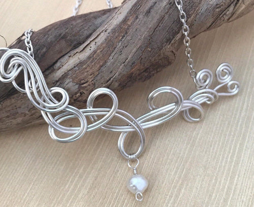 Swirled Silver Wire Necklace/Beaded Necklace/Silver Necklace/White Natural Pearl Bead Necklace/Drop Pearl Necklace