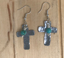 Load image into Gallery viewer, Silver Cross Earrings with Turquoise Bead that a Super Lightweight