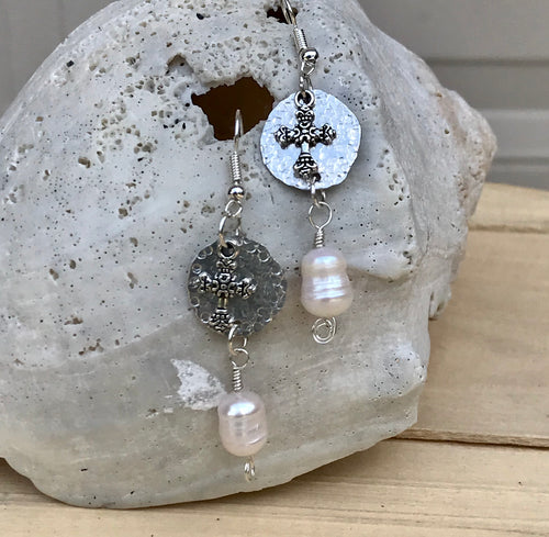 Freshwater Pearl Silver Cross Earrings