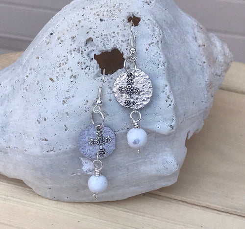 Lightweight Silver Cross Earrings with Dangling White Howlite Bead