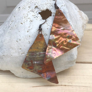 Flame Painted Copper Triangle Earrings