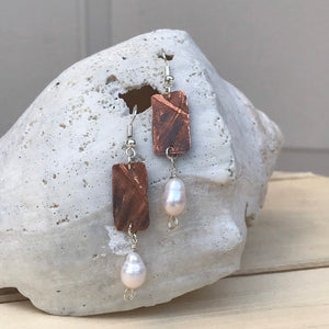 White Freshwater Pearl Bead and Folded Copper Cross Dangle Earrings