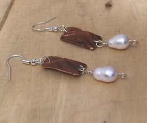 White Freshwater Pearl Bead and Folded Copper Cross Dangle Earrings