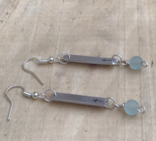 Load image into Gallery viewer, Lightweight Silver Cross Earrings with Aqua Colored Seaglass Style Bead
